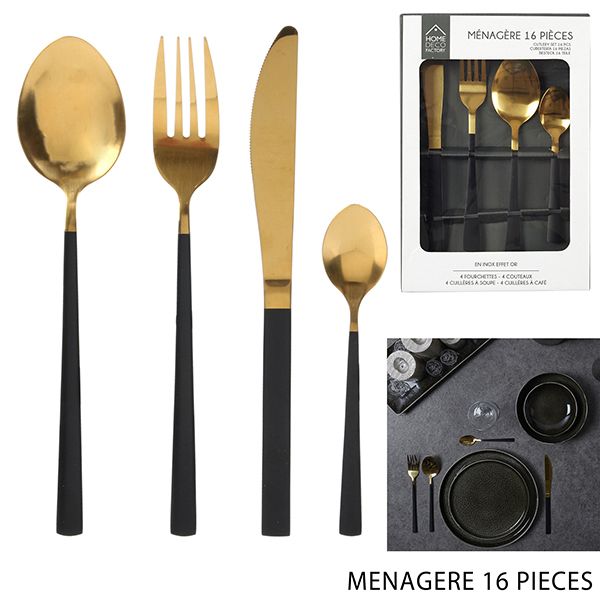 CUBERTERIA INOX NEGRO Y DORADO 16 PZAS